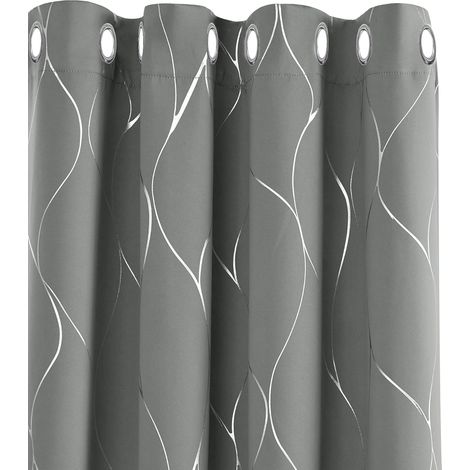 Lot de 2 Rideau Occultant Rideau Salon Isolant Thermique Anti Froid a Oeillets avec Motif Argente Gris Clair 140x245cm (1/5)