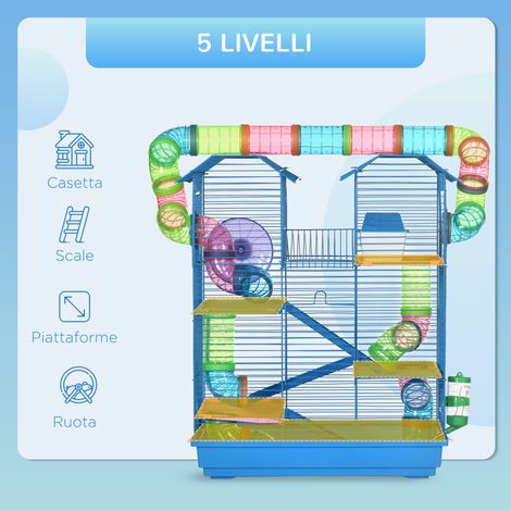 Cage à hamster à 5 niveaux avec roue d'exercice, tunnel, tube, biberon, gamelles, maisonnette et échelle pour souris naines, bleue (1/5)