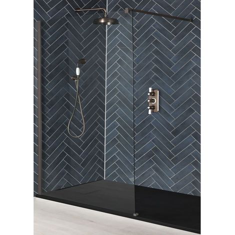 Milano Rosso Matte Bronze Recessed Walk In Wet Room Shower Enclosure with Screen  Support Arm and Graphite Slate Effect Tray - 1100mm x 700mm
