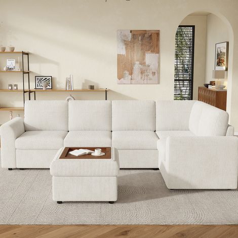 Canapé d’angle in corduroy beige 282x153x85 cm con pouf contenitore multifunzione (1/5)