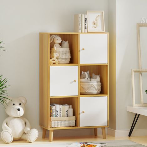 Bibliothèque, Étagère de Rangement 6 Cases, Armoire de Rangement avec 3 Cubes Ouverts 28 x 30 x 30  cm, 3 Compartiments avec Porte, Meuble de Rangement pour Salon, Bureau, Chambre, Courleur du bois (1/5)