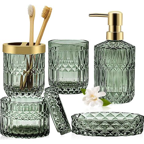 Lot de 5 accessoires de salle de bain en verre vert - Distributeur de lotion, porte-savon, porte-brosse à dents, gobelet, cotons-tiges - Décoration de salle de bain - Cadeau vintage (1/5)