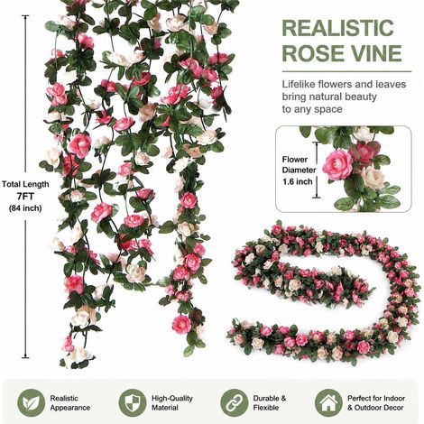 Guirlandes de roses artificielles (lot de 4), brindilles florales factices rose et blanc pour la décoration de maison, mariage ou fête (1/4)