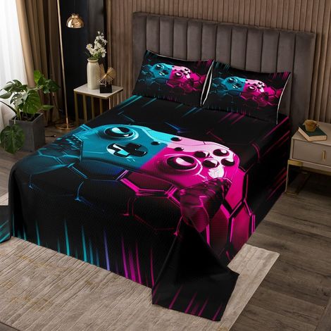 Jeu Couvre-Lit Garçon Bleu Jeu Dessus de Lit 260x240 Jeu Cellulaire 3D Couverture de Lit Cyan Violet Géométrique Literie Filles Enfants Adolescents Cool Salle de Jeux Vidéo Décoration Literie - 260x24 (1/5)