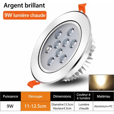Spot encastrable LED plafond orientable 9W lumière chaude diamètre 13,5 cm argent brillant 13.5 cm 9w réf 80 g – Livraison gratuite