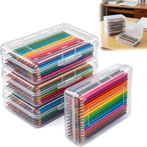 Set of 4 pencil storage boxes, 20.3 x 12.2 x 5.9 cm, pencil box with transparent snap-on lid, stackable, ideal for colored pencils and school supplies (1/5)