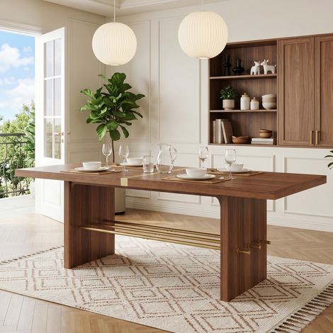 Modernluxe - Table à manger moderne 180x75x75 cm - pour 6 à 8 personnes - Plateau de 4 cm d'épaisseur - Coloris noyer et doré (1/5)