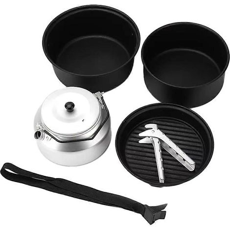 Ensemble de 5 pièces de batterie de cuisine antiadhésive pour le camping avec bouilloire, idéal pour la cuisine en plein air et les aventures en camping, facile à nettoyer (1/5)