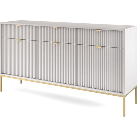 Selsey Vellore - Commode trois portes - 154 cm - grise avec façades rainurées et cadre doré (1/4)