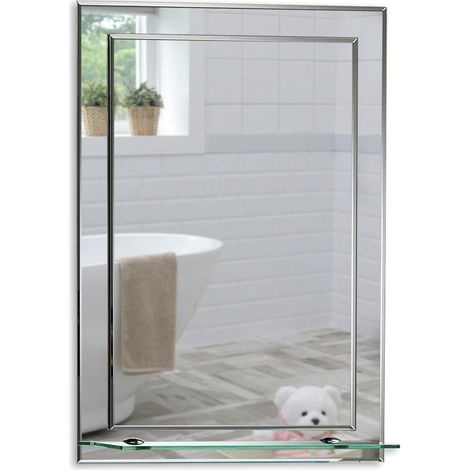 Miroir de salle de bain rectangulaire 50cm x 40cm – Double couche de verre argenté – Bords taillés en biseau – Étagère chromée incluse (1/5)