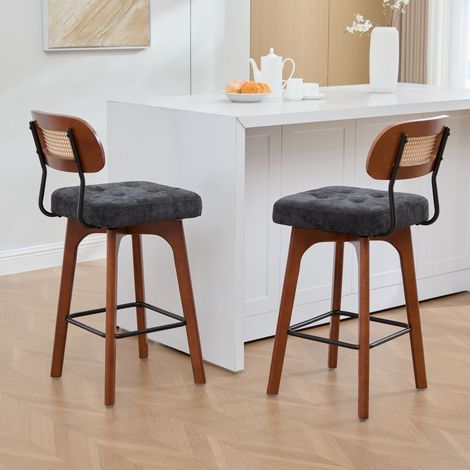 Set de 2 tabourets de bar pivotants 360°, tabourets cuisine et bar avec dossier, dossier en rotin et assise rembourrée, style mid-century moderne, noir, chenille (1/5)