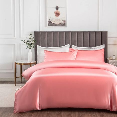 Satin Bettwäsche 155x220cm kühlend rosa mit Reißverschluss und Kissenbezug 80x80cm