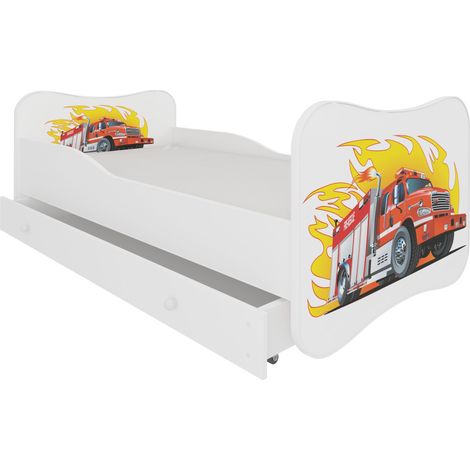 Lit enfant bois blanc à tiroirs avec imprimé camion de pompier - Sommier et matelas inclus - Ondula-70x140 (1/5)