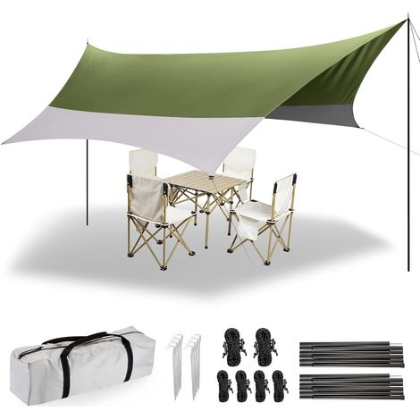 Bâche Anti-Pluie 2 Poteaux, 3.7 X4.3m Camping Bâche Imperméable Anti-UV (upf50+), Randonnée, Camping (Vert (1/5)