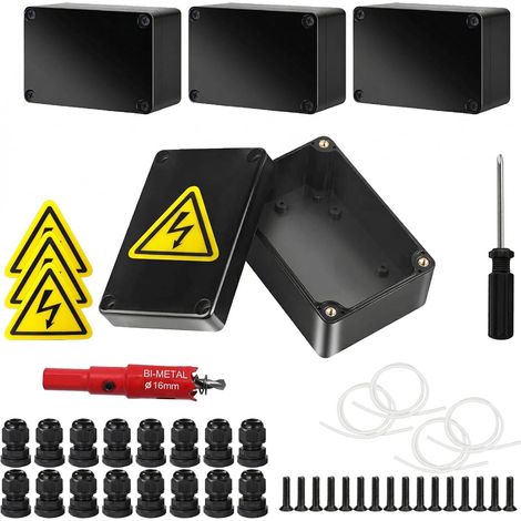 4 pièces de boîte de jonction, IP67 Noir Boîte de dérivation étanche, 100 68 50 mm Boîte de distribution en saillie, boîtier électronique avec 16 raccords à vis, plaques de sécurité, scie cloche (1/5)