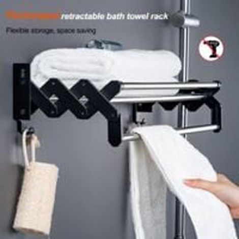 Porte-serviettes mural pliable 50 cm avec 2 crochets, support de serviette extensible pour salle de bain et cuisine, accessoire de rangement élégant et fonctionnel (1/2)