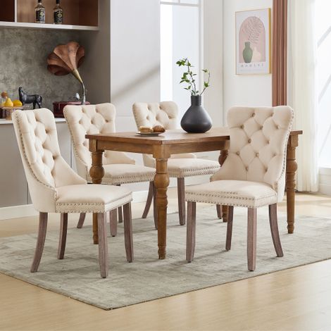 Elegant Set of 4 Velvet Dining Chairs with Button Tufting,Brushed Wood Legs,and Knocker Ring,Perfect for Dining Room or Living Room in Beige (1/5)