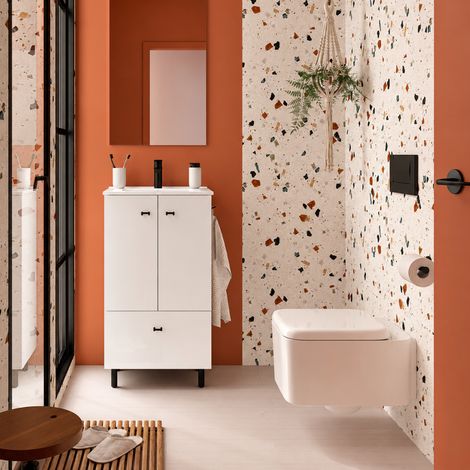 Ensemble salle de bain Gain de place Blanc brillant : Meuble profondeur réduite - 50 cm + Vasque + Miroir (pieds inclus) (1/5)