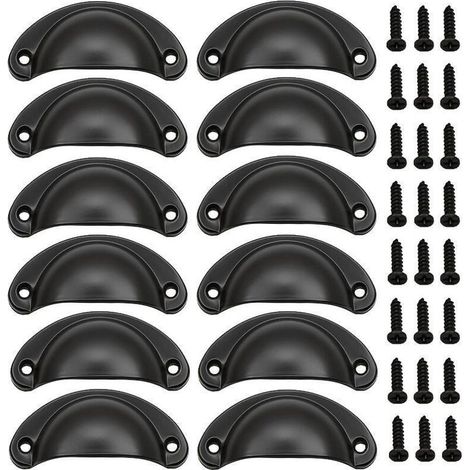 12 Schubladengriffe, flache schwarze Muschelgriffe für Schränke, Küchenbeschläge, Schrankgriffe, Schubladengriffe, Knöpfe