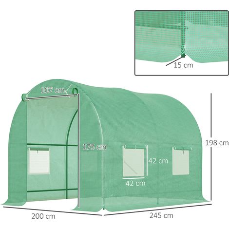 Serre Outsunny 245 x 200 x 198 cm, serre en aluminium, serre à tomates avec porte, 4 fenêtres, tunnel de culture en acier galvanisé et polyéthylène, robuste, ancrages au sol et cordes inclus, verte (1/5)