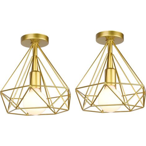 2PCS Lampe De Plafond Rétro Vintage En Forme De Diamant 25CM (Or) Plafonnier Industriel En Métal Et Fer E27 Pour Restaurant Et Café (1/5)