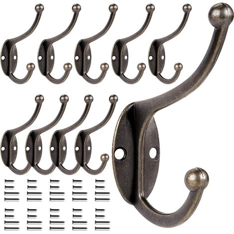 Lot de 10 crochets muraux décoratifs pour vêtements, serviettes et peignoirs, avec vis (bronze). (1/5)
