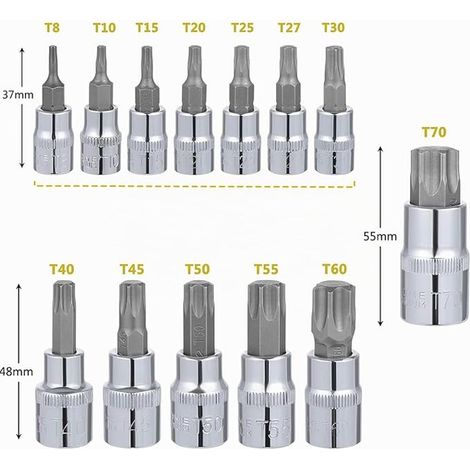 Torx Socket Set Female and Male T8 to T70, 1/2 Inch 1/4 Inch 3/8 Inch, T55 T8 T10 T15 T20 T25 T27 T30 T40 T45 T50 T60 T70 (1/3)