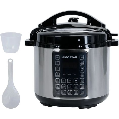 Aigostar Pentola Pressione Elettrica 1000W 6L 17 Menù Timer 24h Acciaio Inox Nero (1/3)