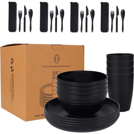 Ensemble de vaisselle 28 pièces comprenant un bol, une tasse, un couteau, une fourchette et une cuillère en plastique. (1/5)