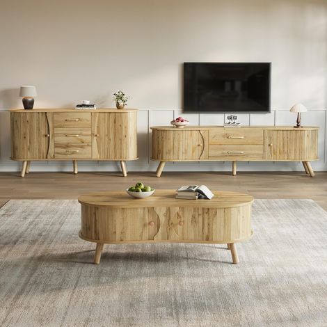 3-teiliges Wohnzimmer-Set – Organischer und skandinavischer Stil, TV-Lowboard, Sideboard und Couchtisch – Natürliche Eichenoptik und klare Linien – Komplettes Möbelset fürs Wohnzimmer