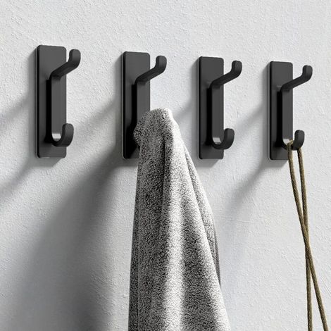 Crochet Adhesif Mural, Porte Serviette Salle de Bain, Accroche Torchon Cuisine, Porte Manteau Adhésif, Attache Murale Sans Percer, Etanche, Antirouille, Noir, 4 Pièces (1/5)