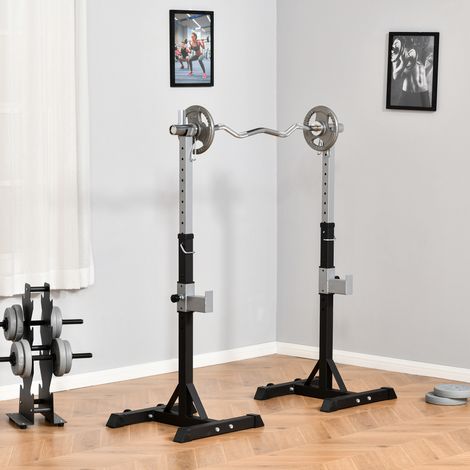 Set 2 Rack Porta Bilanciere in Acciaio, 2 Ganci con Altezza Regolabile, Capacità 150kg, 55x57x105-170cm, Nero