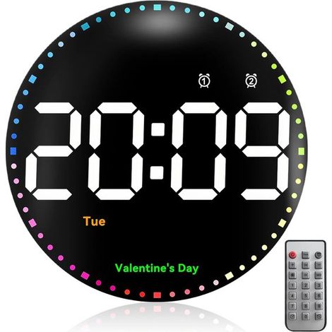 Diese 25 cm große digitale Wanduhr verfügt über eine 12-/24-Stunden-Anzeige，7 einstellbare Farben，einen Timer，einen Countdown-Timer