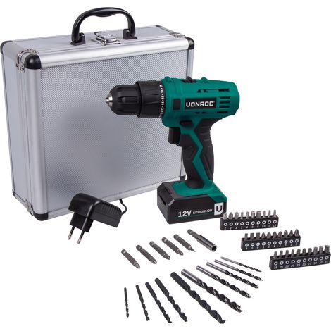 VONROC Taladro inalámbrico 12V – Ión-lition – incluye un estuche de aluminio resistente, 46 accesorios, batería y cargador