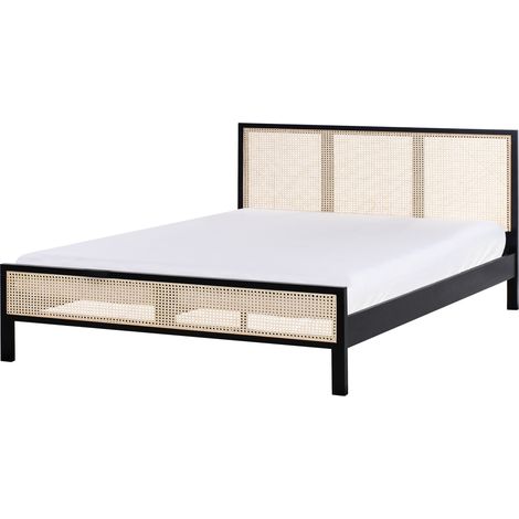 Cama con somier moderna cabecero con trenza vienesa madera de pino negro 180 x 200 cm Salernas