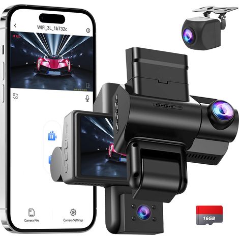 Dashcam Auto vorne hinten, 2K+1080P Kamera Auto Rekorder Tag und Nacht mit SD-Karte 32 GB, Dreifach-1080P-Dashcam, 24-Stunden-Doppelüberwachung des Parkplatzes (1/5)