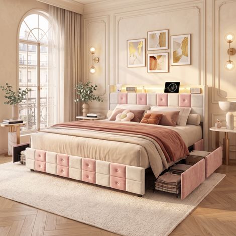 Superaly Lit double capitonné 140 x 190 cm, 4 Tiroirs, Tête de lit à carreaux blancs et roses, Éclairage LED, Ports USB, Sommier à lattes, Style classique pour chambre de fille, Velours (1/5)