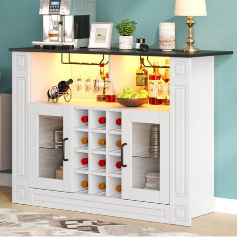 Credenza da cucina a LED RGB 120x35x84 cm con portabottiglie per 12 bottiglie e portabicchieri, in MDF bianco (1/5)