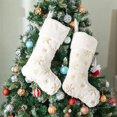 2 bas de Noël en peluche blanche et dorée (1/5)