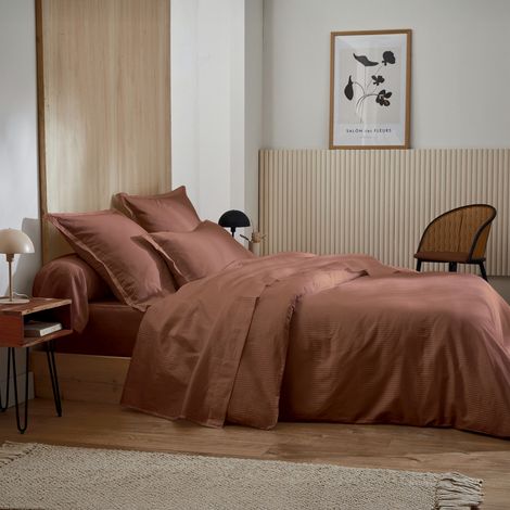 Housse de couette satin de coton rayures ton sur ton Marron Foncé 280x240 cm
