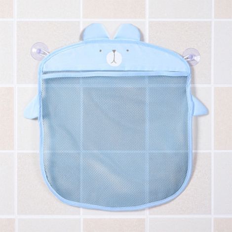Sac de rangement mural pour salle de bain avec drainage rapide, sac en filet avec ventouse en forme de jouet de bain de dessin animé pour articles de toilette et serviettes, bleu. (1/5)