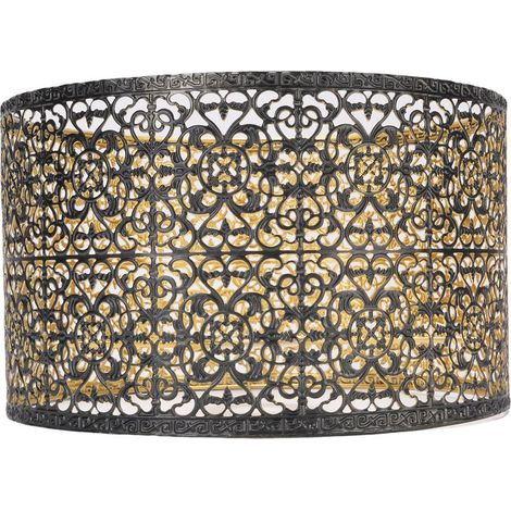 Moderner zylindrischer Lampenschirm aus Metall mit schwarz-goldenem Durchbruchmuster – Kompatibel mit E14/E27-Leuchtmitteln für Tisch-, Wand- oder Deckenleuchten (25 cm Durchmesser, 16 cm Höhe) – 1 La (1/5)