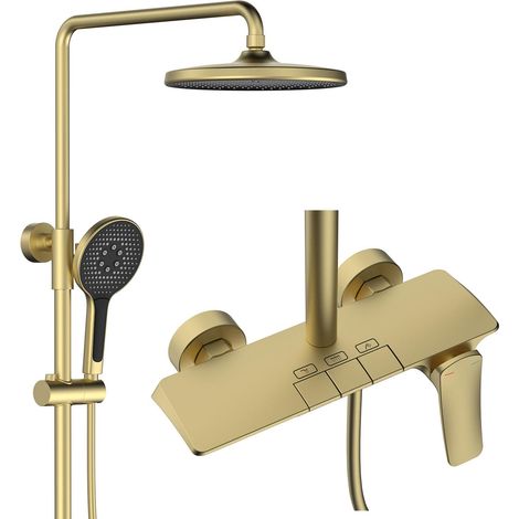 Colonne de Douche Dorée, Moderne Ensemble de Douche, 10in/25cm Rond Pommeau de Douche, Touches du Piano Système de Douche, avec Robinet de Baignoire Cascade, Douchette, 59A Laiton (Or Brossé) (1/5)