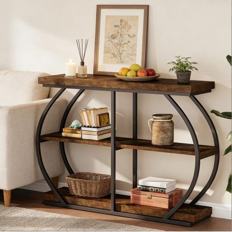 Tavolo consolle 105x24x80 cm, 3 ripiani, uso ingresso divano o TV, struttura in metallo e legno marrone (1/5)
