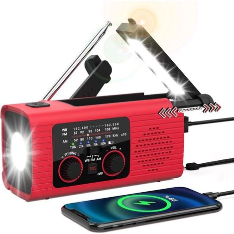 Radio di emergenza 4000, radio FM/AM a energia solare con manovella e batteria da 4000 mAh, dotata di caricabatterie per cellulare, torcia a LED, lampada da lettura, emergenza (1/5)