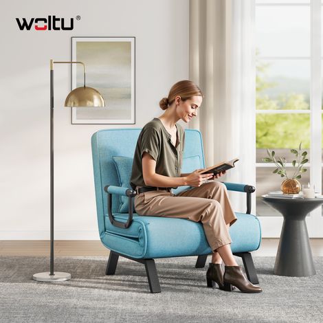 WOLTU Schlafsessel 3 in 1, Bettfunktion mit Armlehne, Klappsessel Gästebett mit Verstellbarer Rückenlehne, abnembarem Kissen, Metallrahmen Leinen, 80 x 82 x 74 cm, Blau