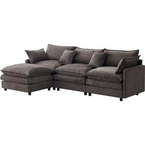 Divano angolare modulare in ciniglia grigia 3 posti con chaise longue e pouf (1/5)