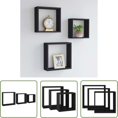 The Living Store Étagères murales sous forme de cube 3 pcs Noir MDF - Etagere Murale - Etagere Cubique - Rangement Mural - Decoration Murale - Meuble Noir (1/5)