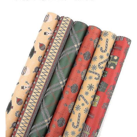 Weihnachtsgeschenkpapier 6 Stück, 70x50cm Kraftpapier mit 6 einzigartigen Designs, mit Juteseil und