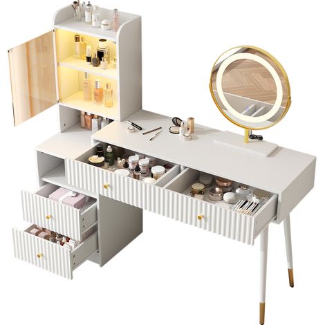 Coiffeuse Blanche avec Miroir LED 3 Couleurs Table de Maquillage 4 Tiroirs et Placard Vitré 100x40x125 cm (1/5)